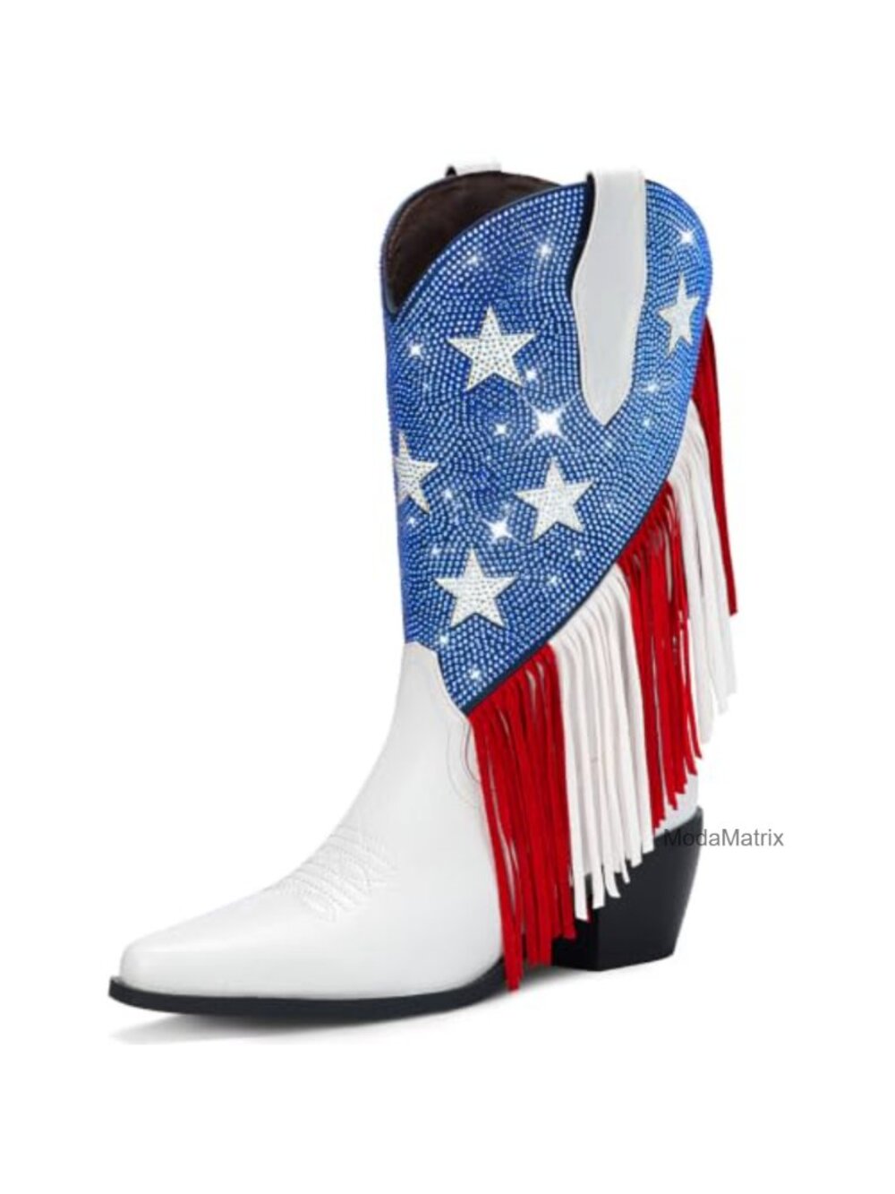 Rhinestone Cowboy Boots Faux Leather Fringe Pointed Toe Chunky Heel Women